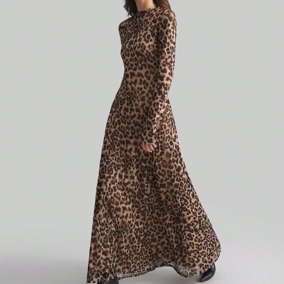 Brown Elegant Women's Leopard Print Digital Pattern Sexy Long maxi Dress - Picture 8 of 9